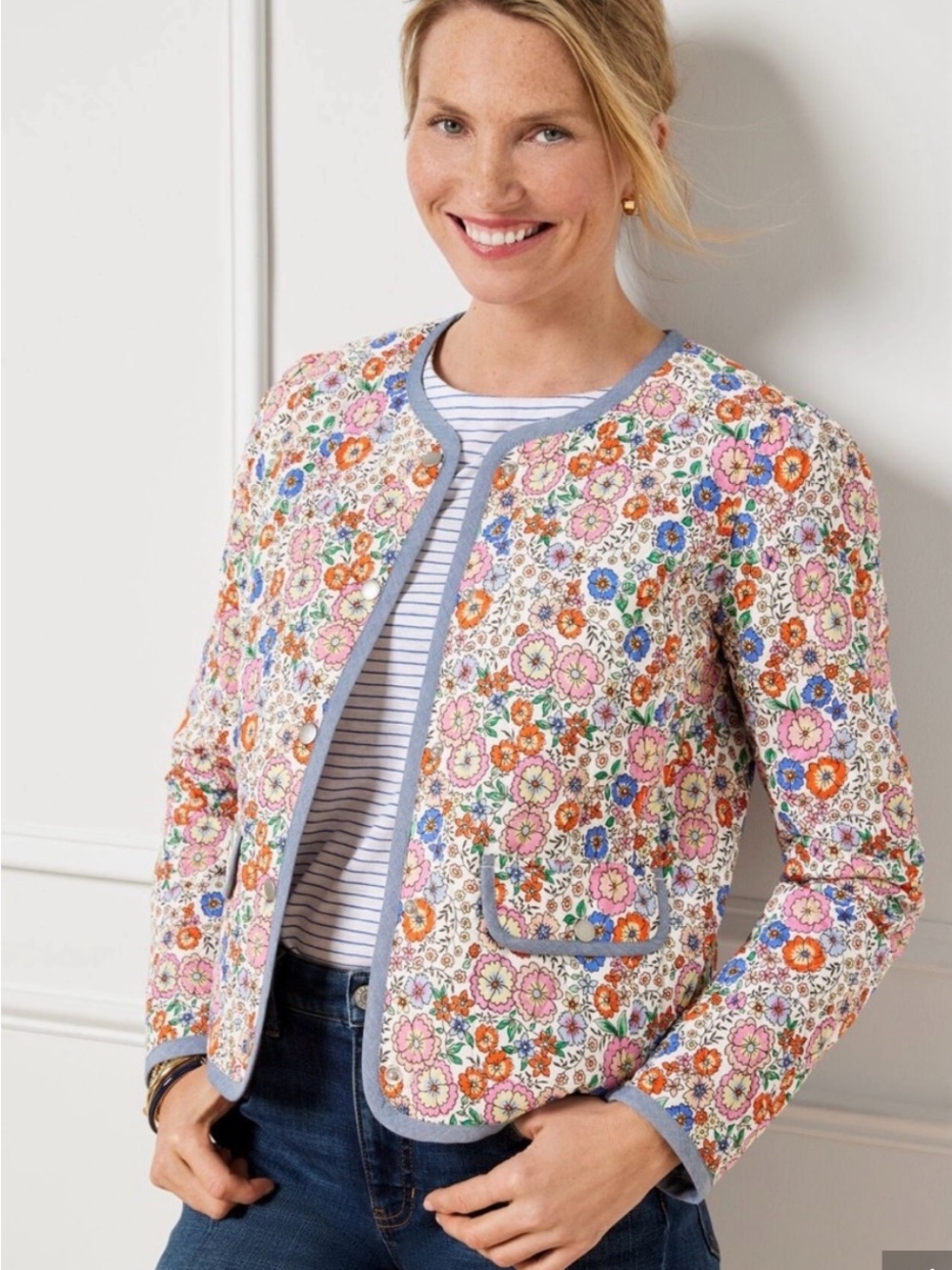 Talbots Multicolor Floral Quilted Jacket with Blue Trim size 2